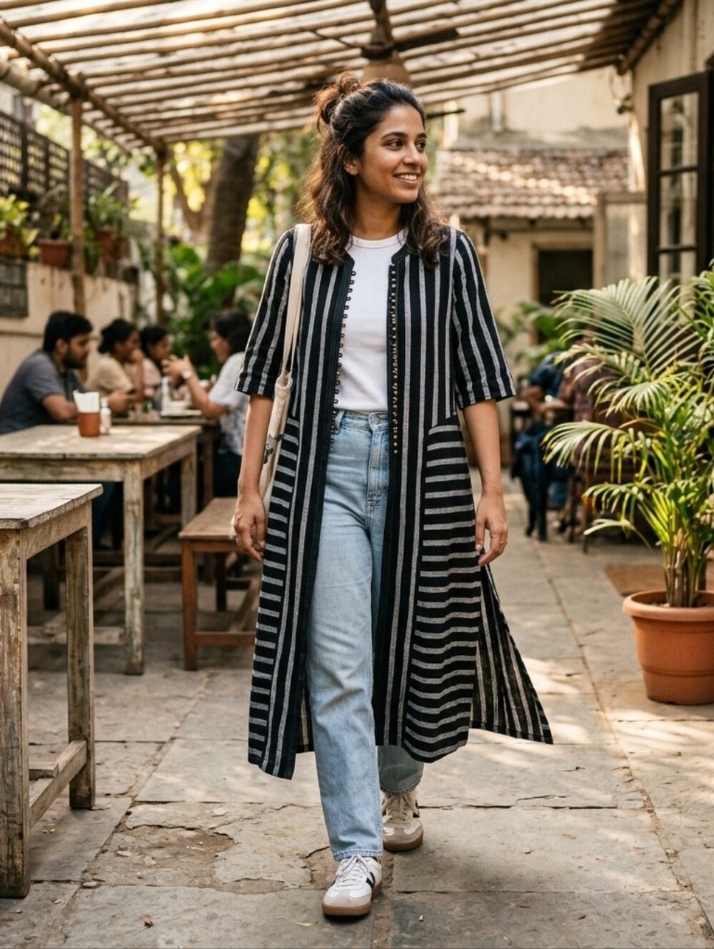 Soft Surroundings Small Black White Striped Duster Jacket Brass Button Cotton S